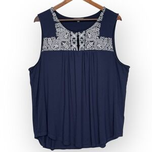 Adrianna Papell Womens 2X Navy Blue Embroidered Sleeveless Keyhole Top
